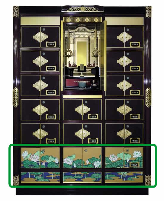 大谷本廟の納骨壇。下部の蓮の意匠を緑枠で表示